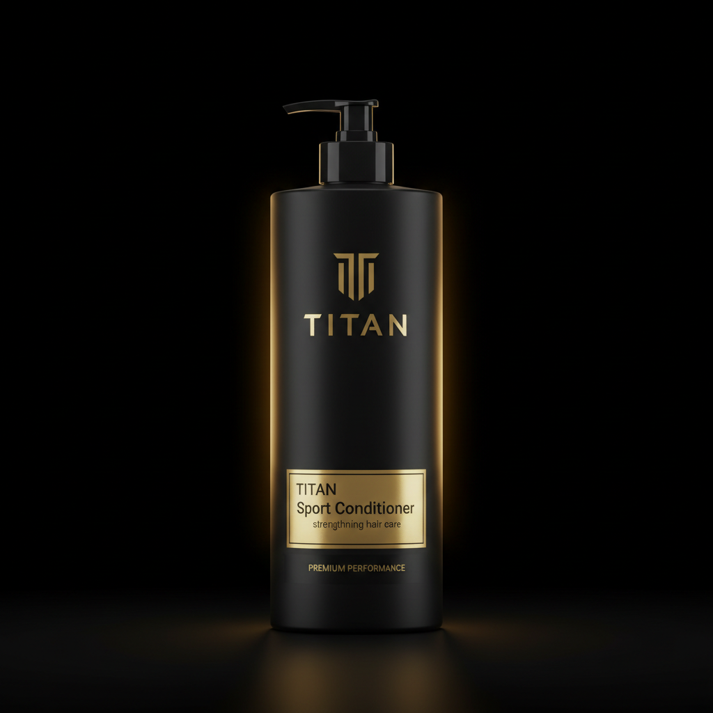 Matte black pump bottle for TITAN Sport Conditioner with gold metallic logo, label, and subtle rim lighting.
