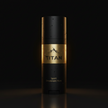 Matte black TITAN Sport deodorant stick with a gold center band, mountain logo, and water droplets on dark background.