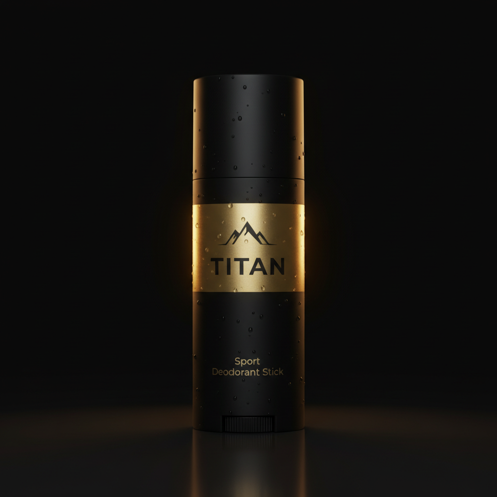 Matte black TITAN Sport deodorant stick with a gold center band, mountain logo, and water droplets on dark background.