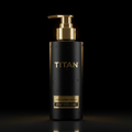 Matte black pump bottle with gold "TITAN" logo and "SPORT FACE WASH" label, featuring water droplets on a black surface.