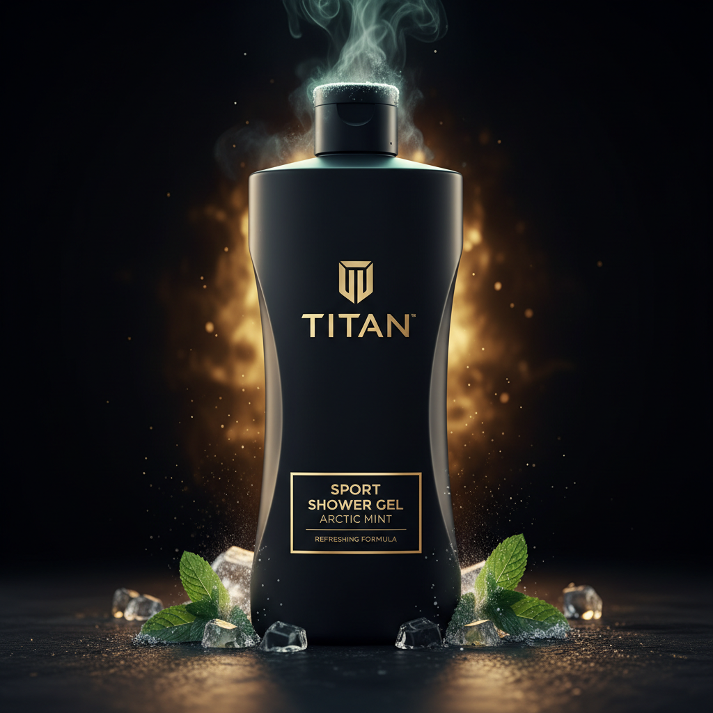 Matte black TITAN Arctic Mint shower gel bottle with gold logo, surrounded by fresh mint leaves and ice on dark base.