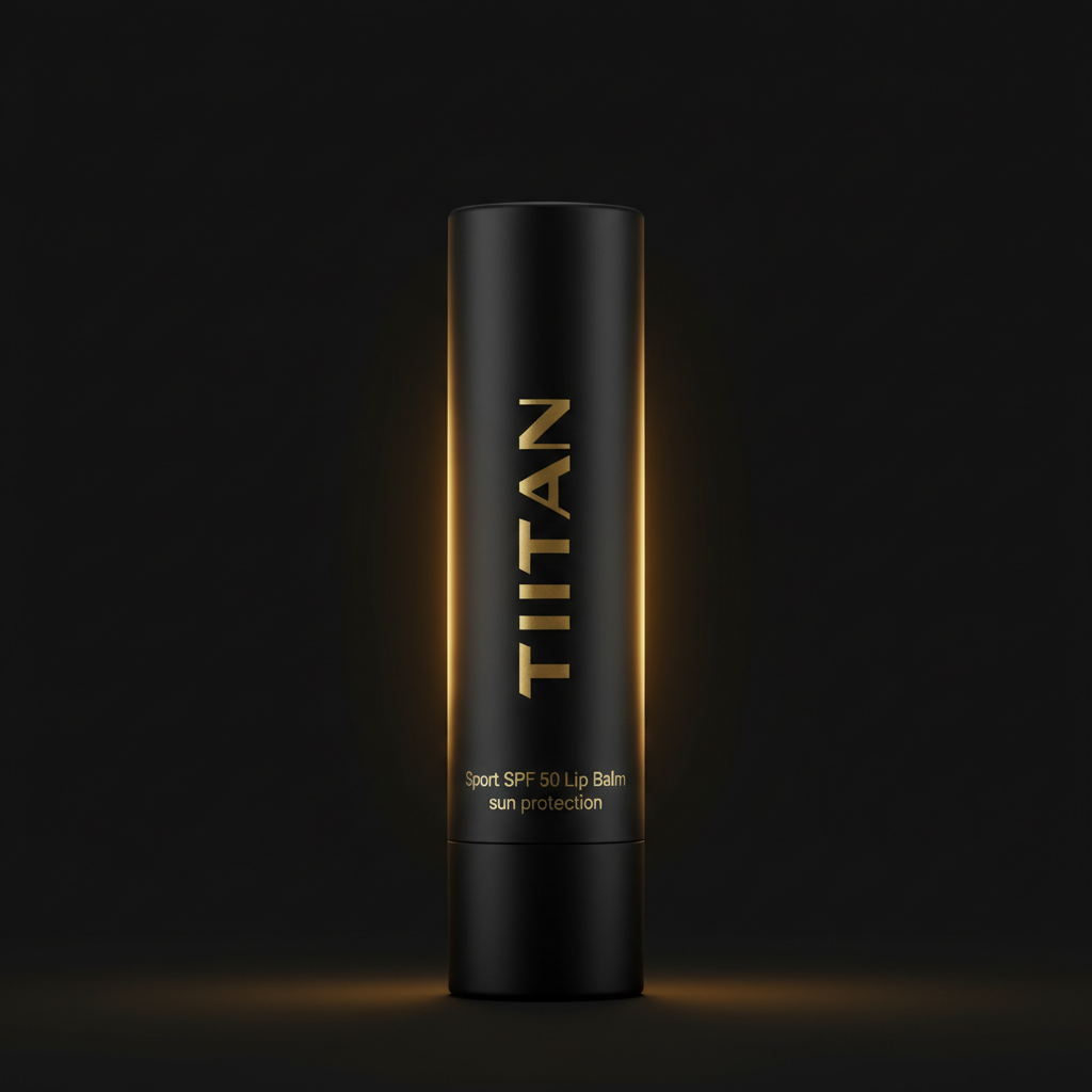 Matte black TITAN SPF 50 lip balm tube with gold vertical text and glowing light effects against a dark background.