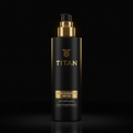 Matte black TITAN Sport Sunscreen bottle with gold pump, metallic logo, and SPF 50 label against a dark background.