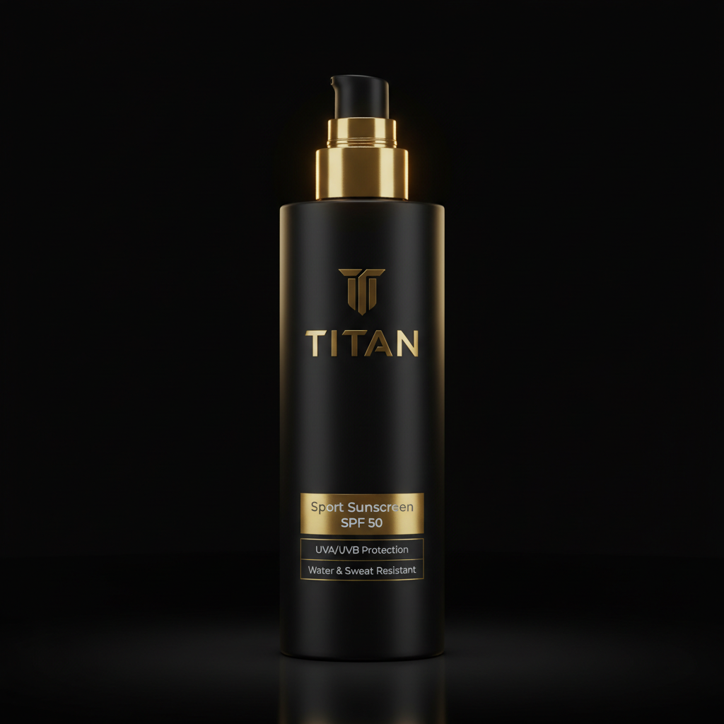 Matte black TITAN Sport Sunscreen bottle with gold pump, metallic logo, and SPF 50 label against a dark background.