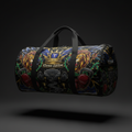 TITAN 60L duffle with lion, crown, and barbell graphics in vibrant colors on a black background.