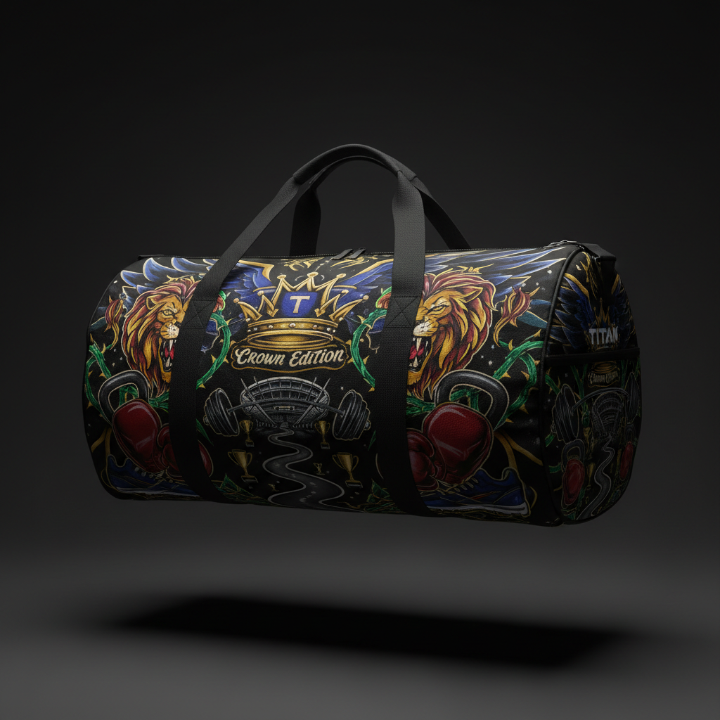 TITAN 60L duffle with lion, crown, and barbell graphics in vibrant colors on a black background.