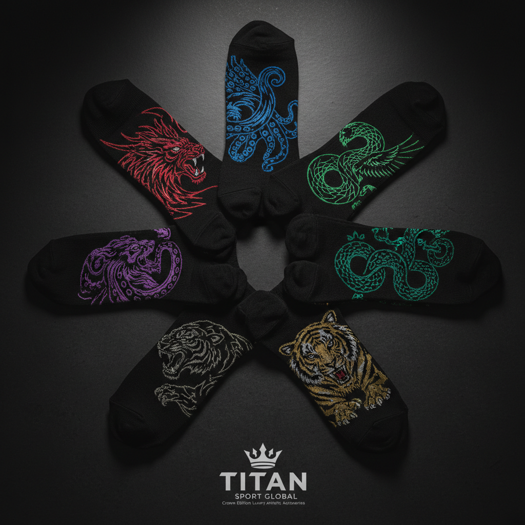 Six black crew socks arranged in a circle, each featuring a unique, detailed animal design in vibrant neon thread.