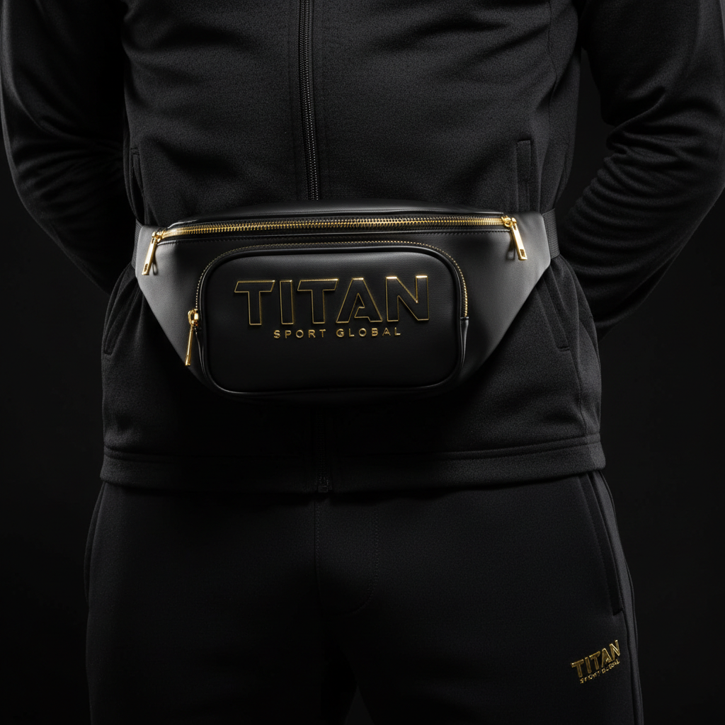 Black leather Titan Stealth fanny pack with gold zippers and raised gold logo, worn around the waist.