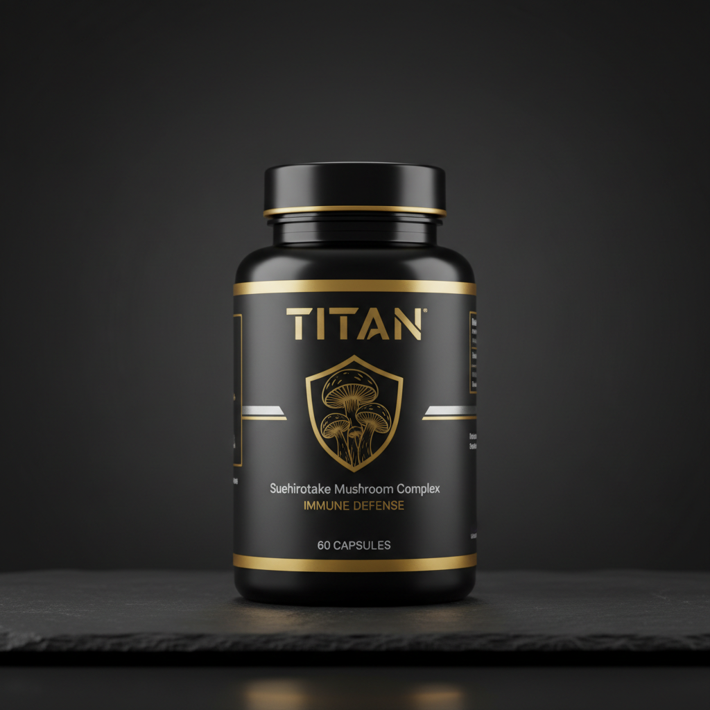 Black bottle with gold text and mushroom shield logo, labeled TITAN Suehirotake Mushroom Complex, on a dark slate base.
