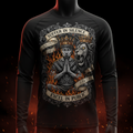 Black long-sleeve tee with graphic of a king, lion, and flames. Text reads "Suffer in silence, excel in public."