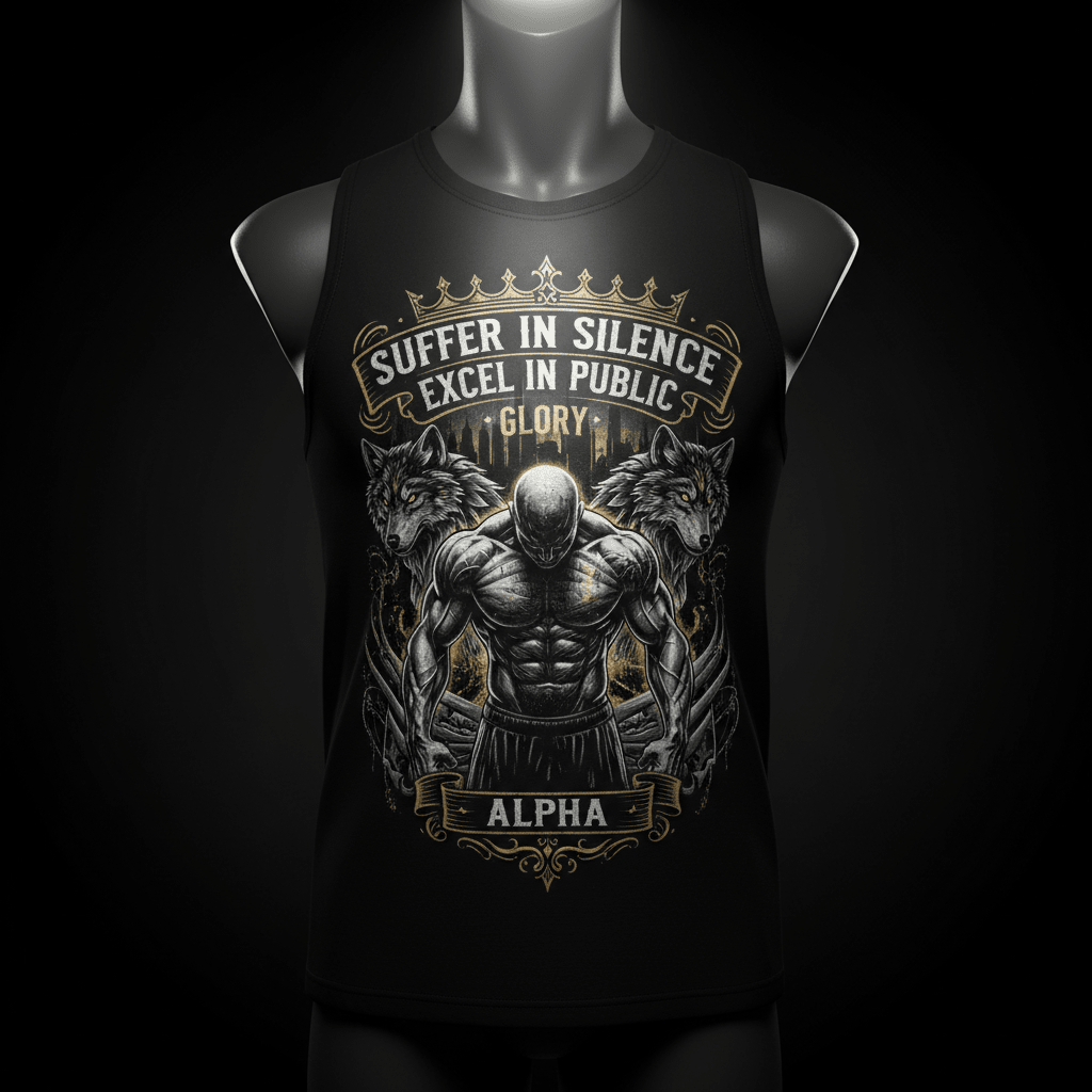 Black tank top featuring a muscular athlete, two wolves, and the motivational text "Suffer in silence, excel in public."