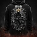 Black hoodie featuring a hooded figure, golden crown, and two lions with the text "Suffer in silence, excel in public."