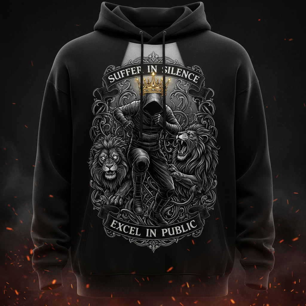 Black hoodie featuring a hooded figure, golden crown, and two lions with the text "Suffer in silence, excel in public."
