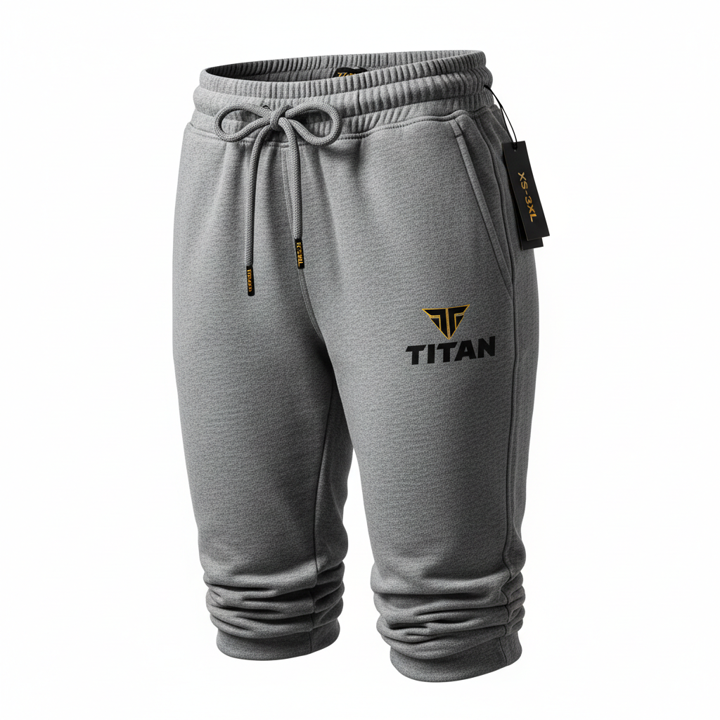 Gray TITAN sweatpants with a drawstring waist, cuffed hems, and a black and gold TITAN logo on the left leg.