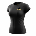 Women's black performance T-shirt with gold Titan logo on chest and XS-3XL size label at bottom hem.