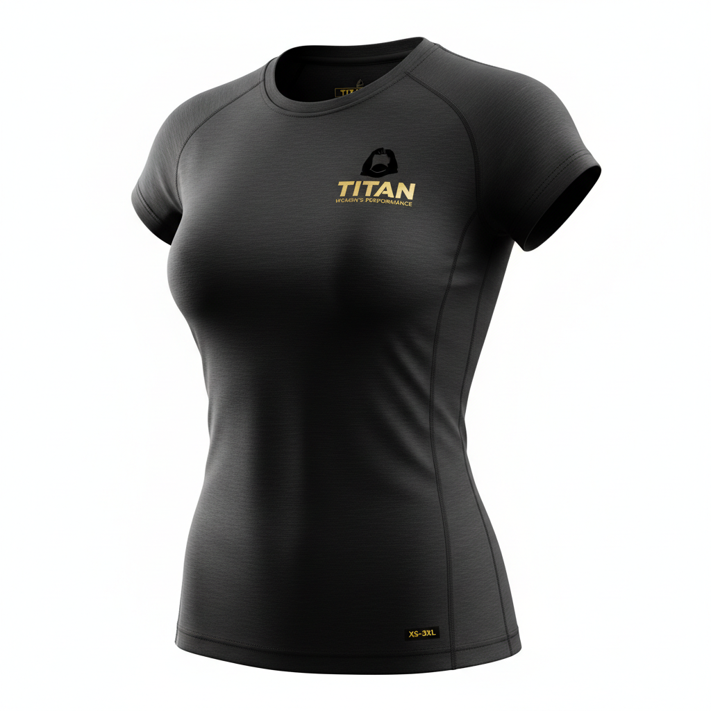Women's black performance T-shirt with gold Titan logo on chest and XS-3XL size label at bottom hem.