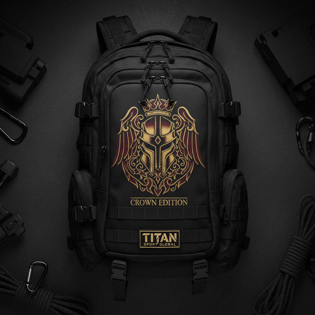 Black TITAN 40L tactical backpack featuring a gold and maroon winged helmet emblem and "CROWN EDITION" text.