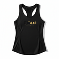 Black women's racerback tank top featuring a black and gold TITAN logo centered on the chest.