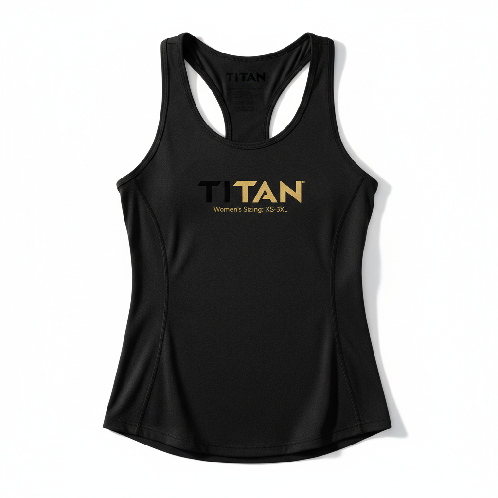 Black women's racerback tank top featuring a black and gold TITAN logo centered on the chest.