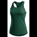 Women's forest green racerback tank top featuring a small metallic gold and teal TITAN logo on the upper chest.