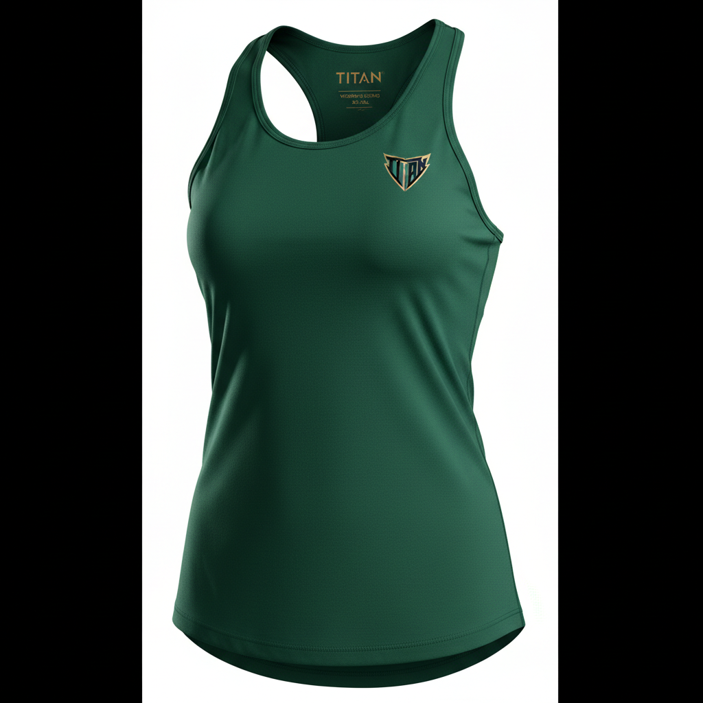Women's forest green racerback tank top featuring a small metallic gold and teal TITAN logo on the upper chest.