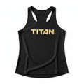 Black racerback tank top featuring a metallic gold "TITAN" logo printed across the center chest.