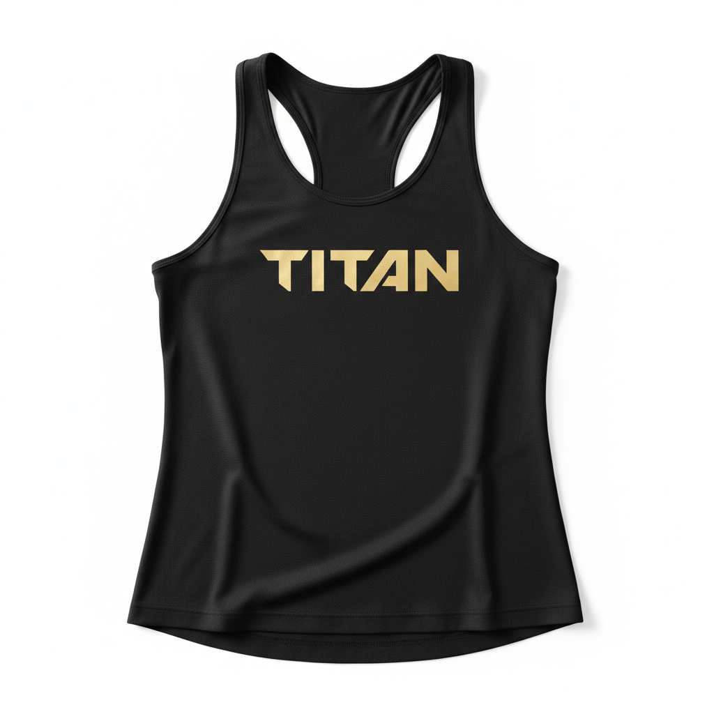 Black racerback tank top featuring a metallic gold "TITAN" logo printed across the center chest.
