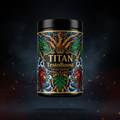 Black supplement tub featuring "TITAN TestoBoost" label, lion art, ornate tree motifs, and gold lettering on dark smoke.