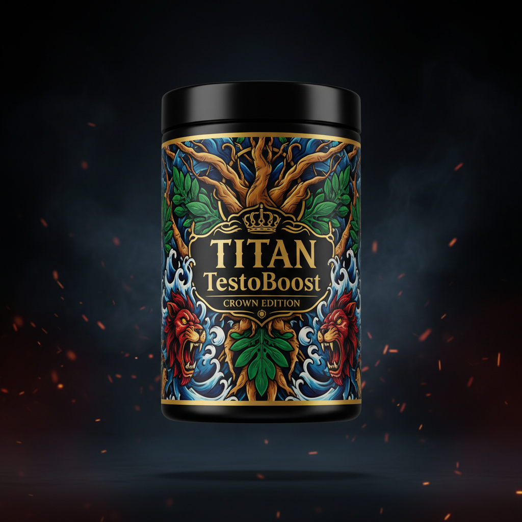 Black supplement tub featuring "TITAN TestoBoost" label, lion art, ornate tree motifs, and gold lettering on dark smoke.