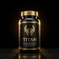 Black supplement bottle with gold lid, logo, and text "TITAN" on a black label with water droplets, studio lighting.