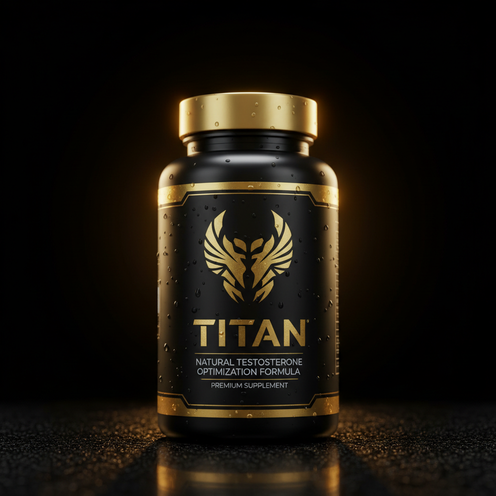 Black supplement bottle with gold lid, logo, and text "TITAN" on a black label with water droplets, studio lighting.