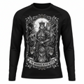 Black long-sleeve performance shirt featuring a warrior, wolf, owl, and "The Warrior Never Rests" motivational print.