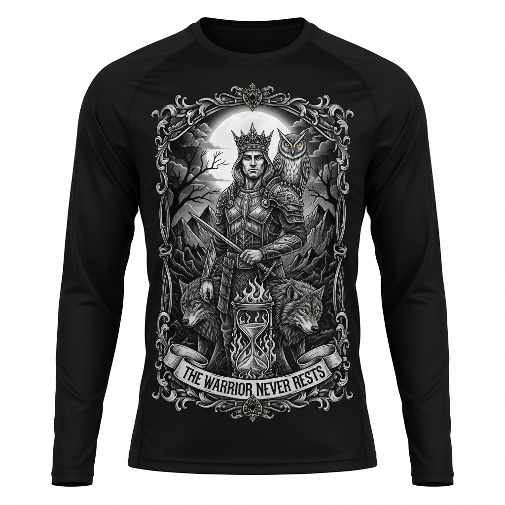 Black long-sleeve performance shirt featuring a warrior, wolf, owl, and "The Warrior Never Rests" motivational print.