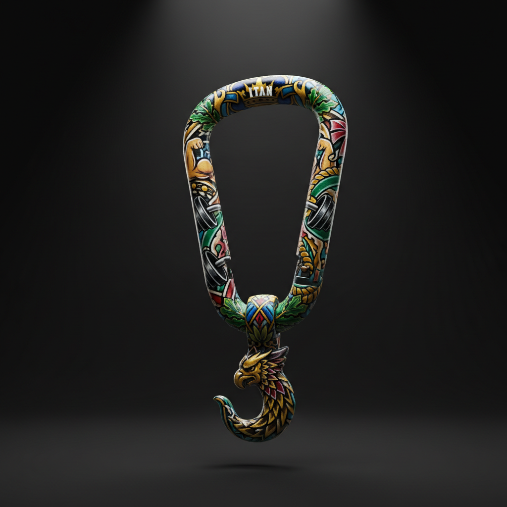 TITAN gym towel hook carabiner featuring vibrant tattoo-style artwork, dumbbell graphics, and an eagle head hook.