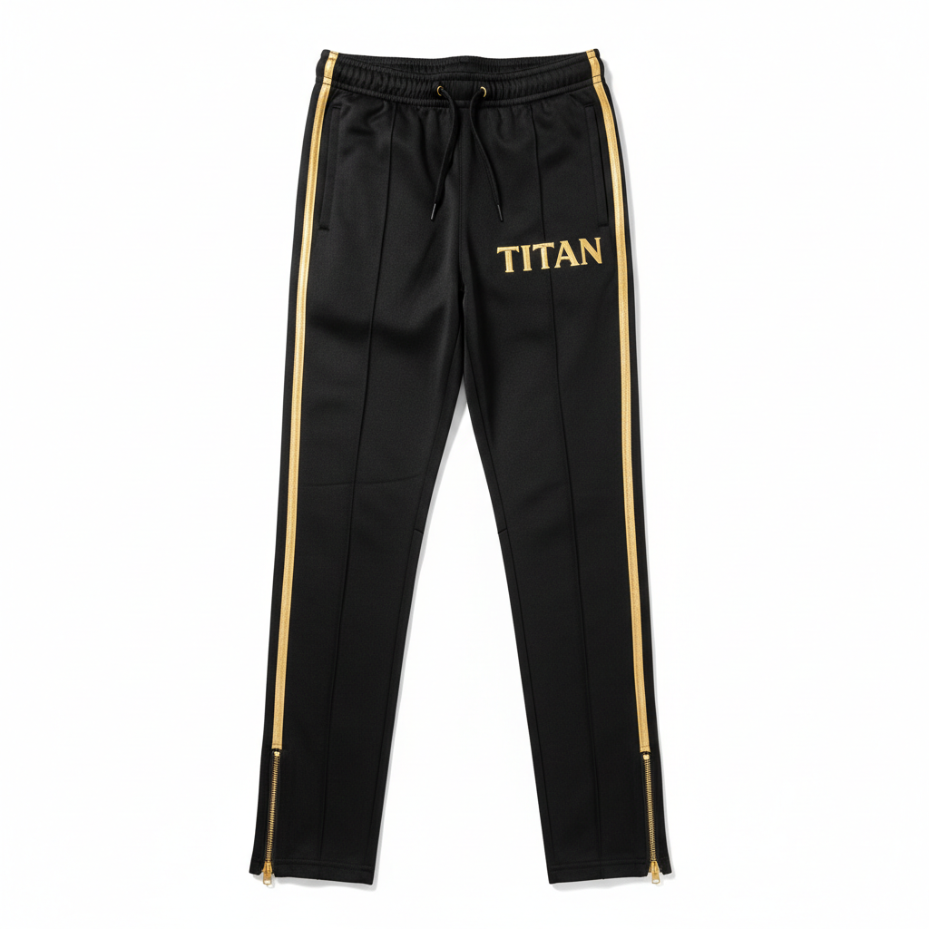 Black TITAN track pants with gold side stripes, drawcord waist, metallic leg zips, and gold "TITAN" thigh logo.