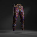 TITAN athletic joggers with purple and gold crown pattern, lightning accents, and black waistband with gold logo text.