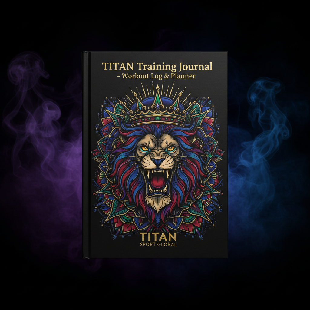 Black TITAN training journal featuring a colorful lion illustration with a crown, set against purple and blue smoke.