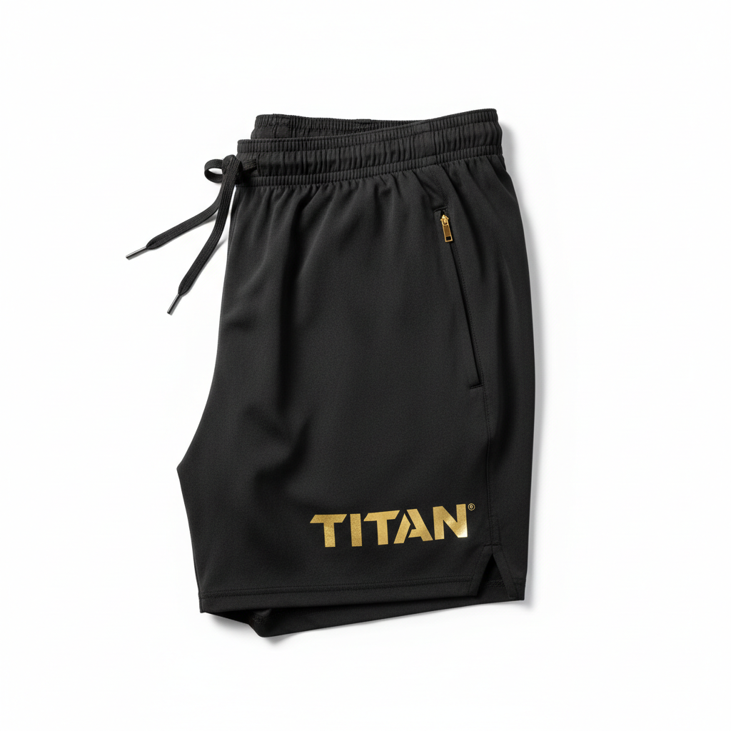 Black TITAN 7-inch training shorts with elastic drawstring waist, gold zipper pocket, and gold metallic logo.