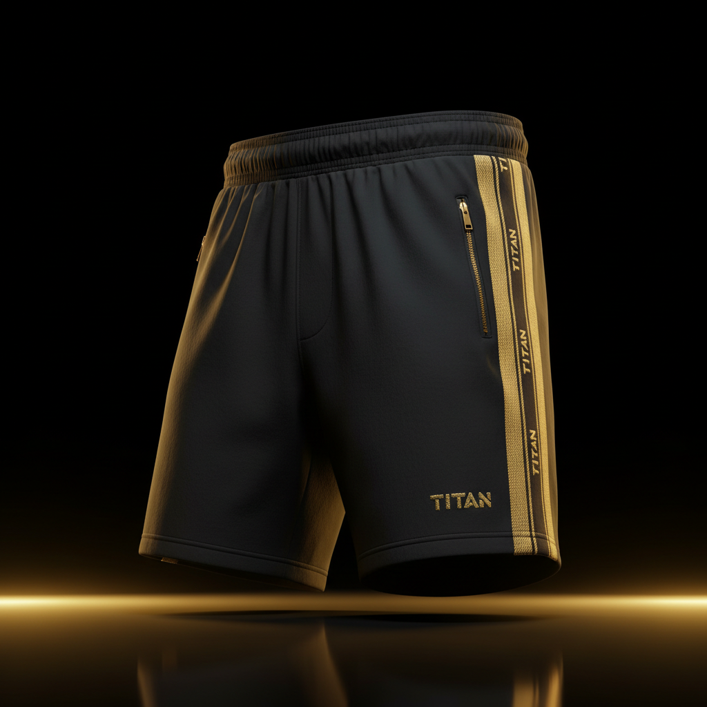 Black performance training shorts with gold side stripes, zippered pockets, and gold TITAN branding on a black background.