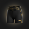 Black women’s athletic training shorts with gold side piping, a branded waistband, and gold TITAN logo on the leg.
