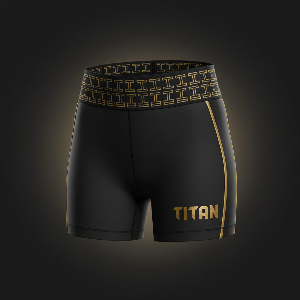 Black women’s athletic training shorts with gold side piping, a branded waistband, and gold TITAN logo on the leg.