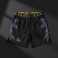 Black lightweight training shorts with blue koi fish graphics, gold trim waistband, and TITAN SPORT GLOBAL logo.