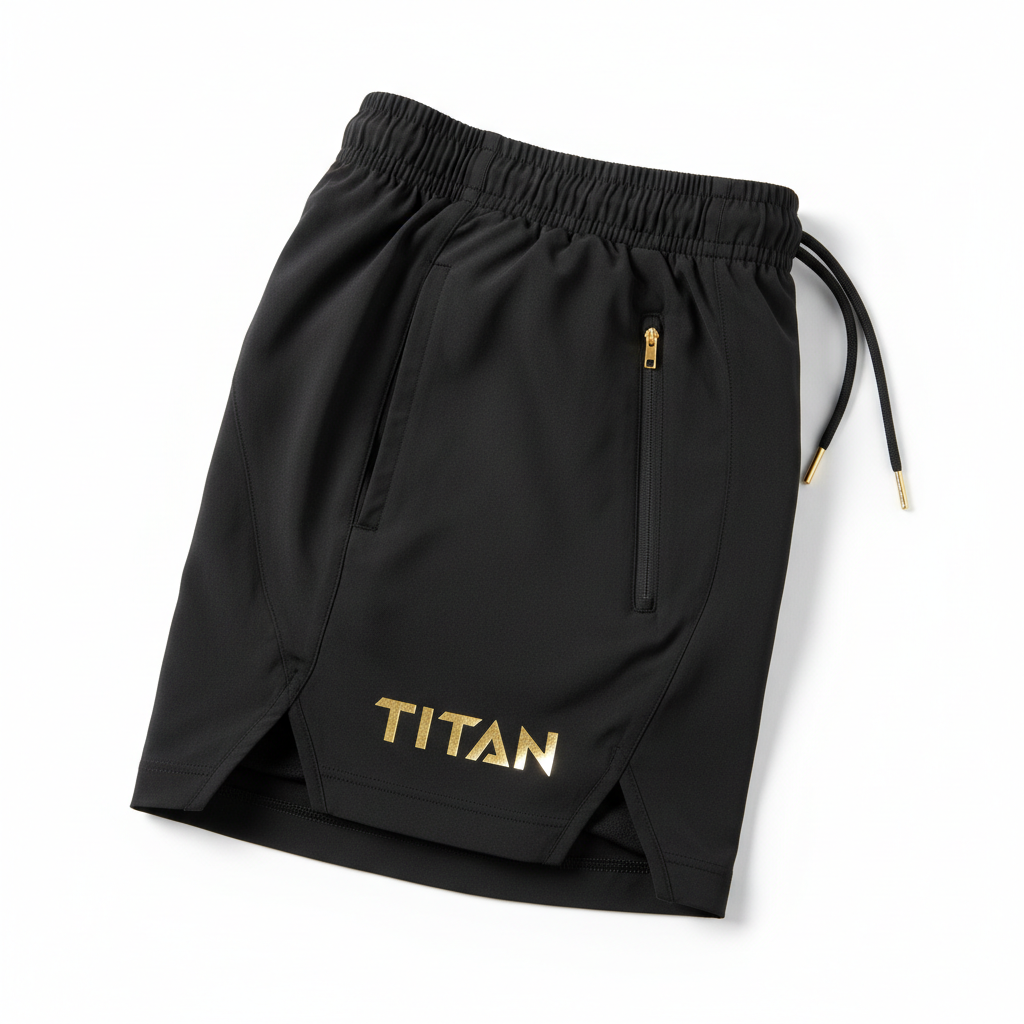 Black TITAN performance shorts with gold logo, side zip pocket, drawstring waist, and vented hem on a white background.