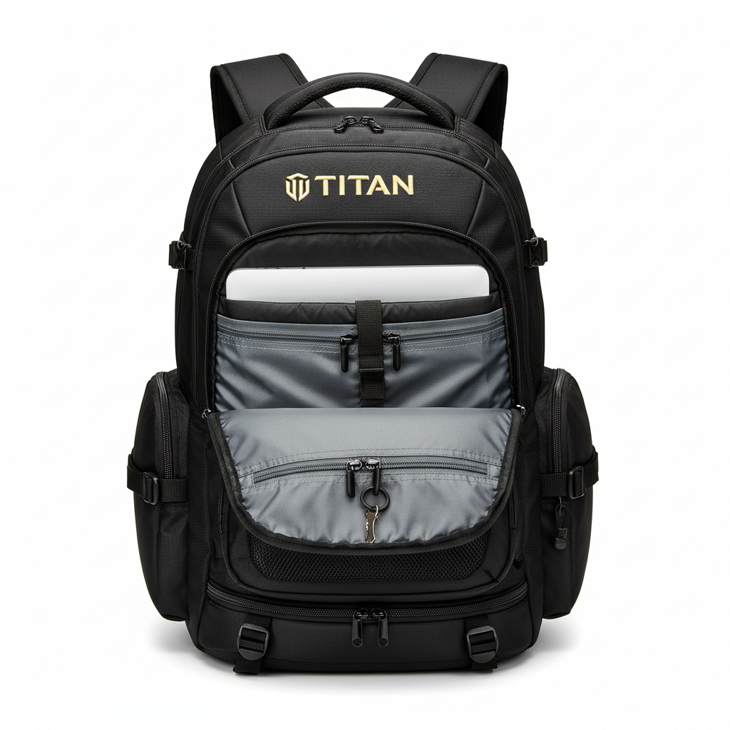 Black TITAN Explorer travel backpack with open front pocket, interior grey lining, laptop sleeve, and key clip.