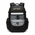 Black TITAN Explorer travel backpack with open front pocket, interior grey lining, laptop sleeve, and key clip.