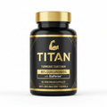 Black bottle of Titan Turmeric Curcumin with gold cap, branding, and text details on a white background.