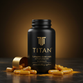 Black bottle of TITAN Turmeric Curcumin with gold text and cap, surrounded by yellow capsules on a dark surface.