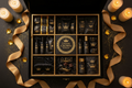 Black and gold wellness gift box with crown-branded skincare, sleep mask, and accessories, surrounded by gold ribbons.