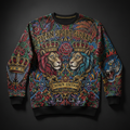 TITAN Sport Global crew neck sweatshirt with colorful graphic print of lions, crowns, and ornate baroque patterns.