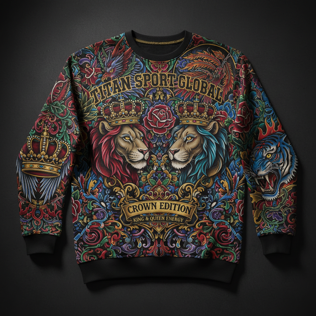 TITAN Sport Global crew neck sweatshirt with colorful graphic print of lions, crowns, and ornate baroque patterns.